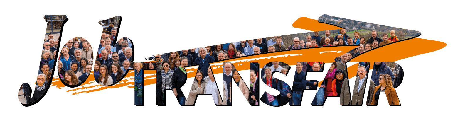 Schriftzug ‚Job-TransFair‘, gefüllt mit einem Gruppenfoto von Mitarbeiter:innen – ihre Gesichter sind in den Buchstaben sichtbar.“