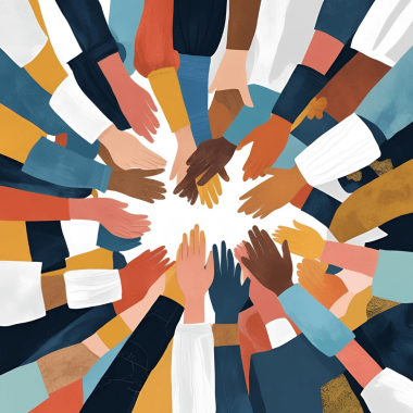 Illustration mehrerer bunter, stilisierter Hände, die sich aus verschiedenen Richtungen in der Mitte eines Kreises treffen – Symbol für Gemeinschaft und Vielfalt.