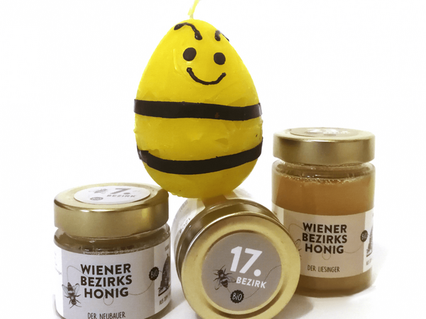Eine lustige Kerze, die ausschaut wie eine Biene, aus der Kerzenwerkstatt der Wohngemeinschaft St. Martin in Klosterneuburg mit drei Gläsern Honig von Wiener Bezirks Honig.