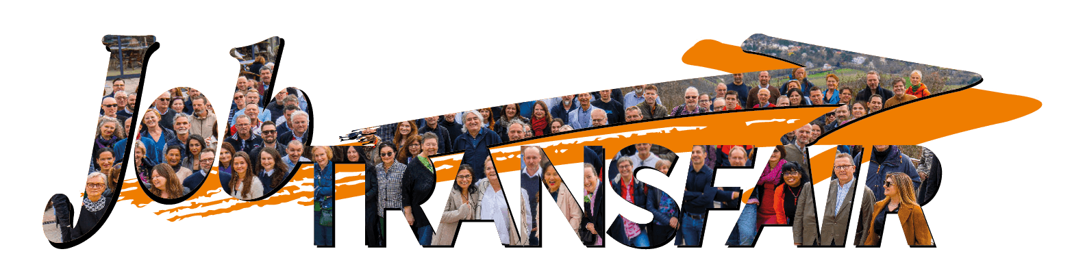 Schriftzug ‚Job-TransFair‘, gefüllt mit einem Gruppenfoto von Mitarbeiter:innen – ihre Gesichter sind in den Buchstaben sichtbar.“