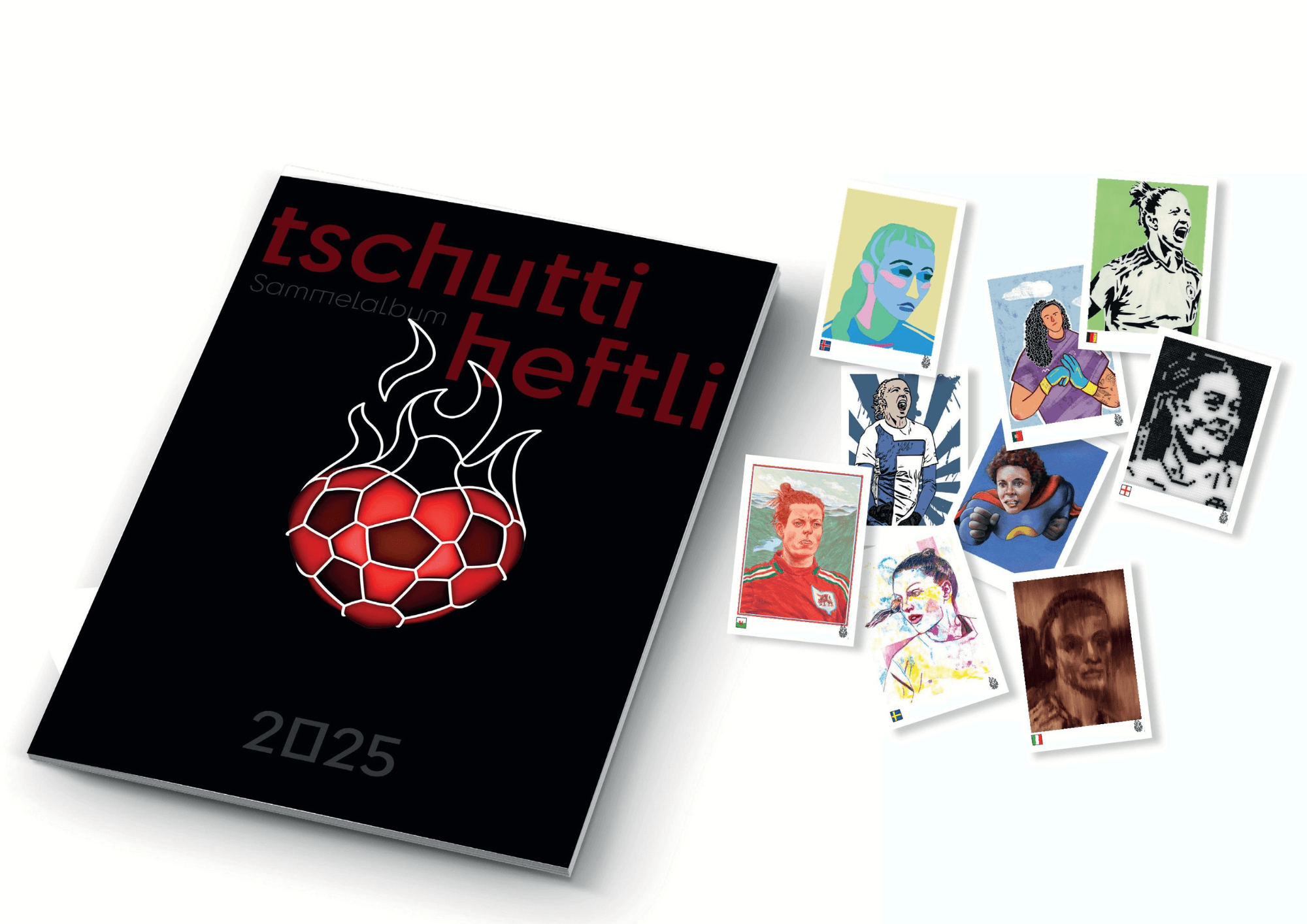 Das Sammelalbum 2025 und neun bunte, von Künstler:innen gezeichnete Beispielsticker.